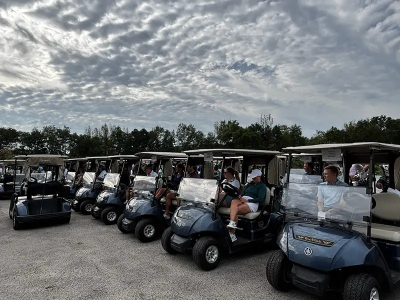 Line of golf carts outside.